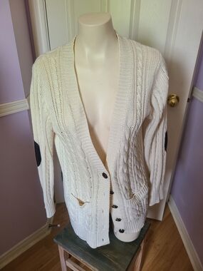 Atmosphere Cream Cable Cardigan with Black Elbow Patches